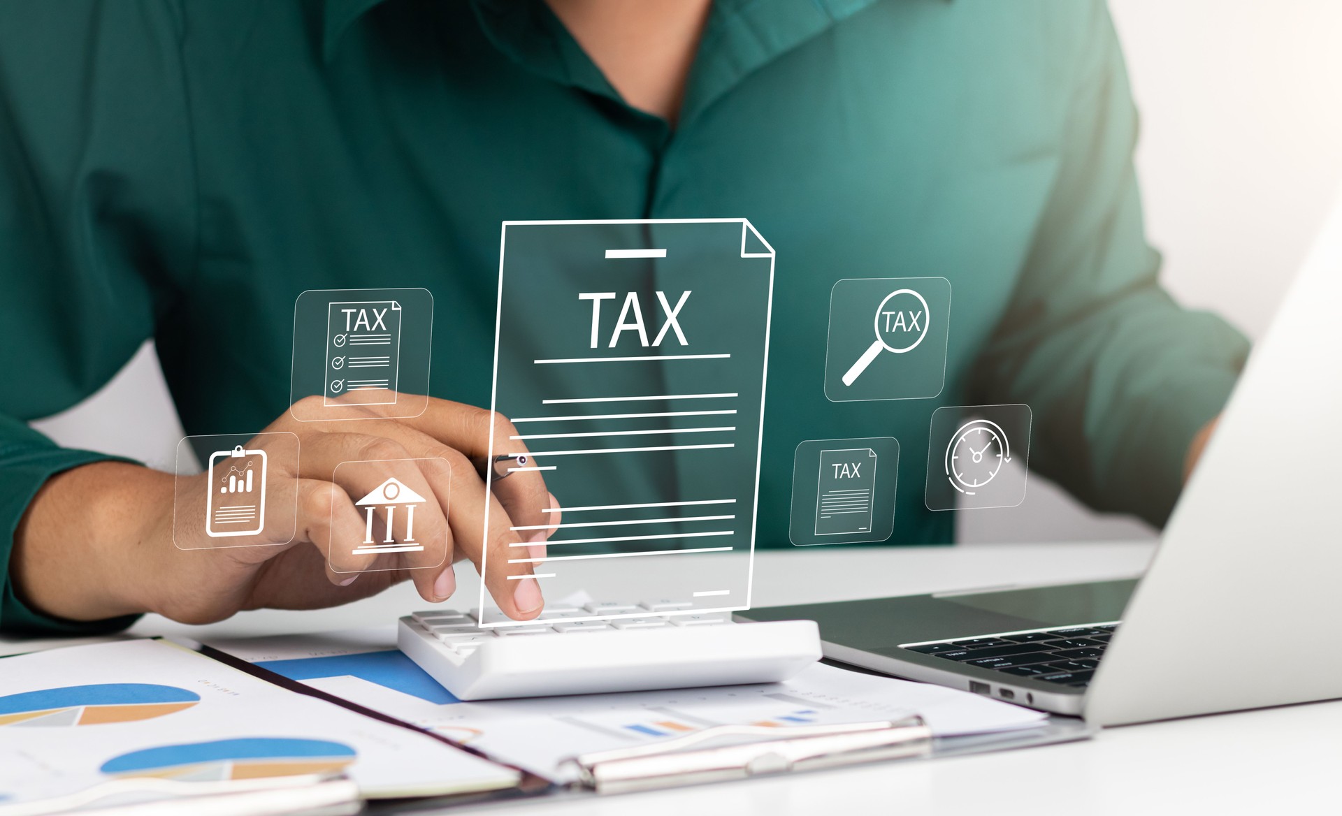 Corporate and individual tax payment concept, Businessman filing taxes on laptop financial planning and Corporate tax, Income tax return and VAT calculation government revenue and taxation concept.